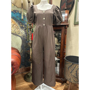Women's COME BACK Brown Jumpsuit with White Flower Buttons, Size L